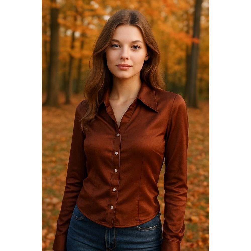 Cache Y2K Silk Long Sleeve Collared Pearl Snap Satin Button-Up Shirt Brown Small
